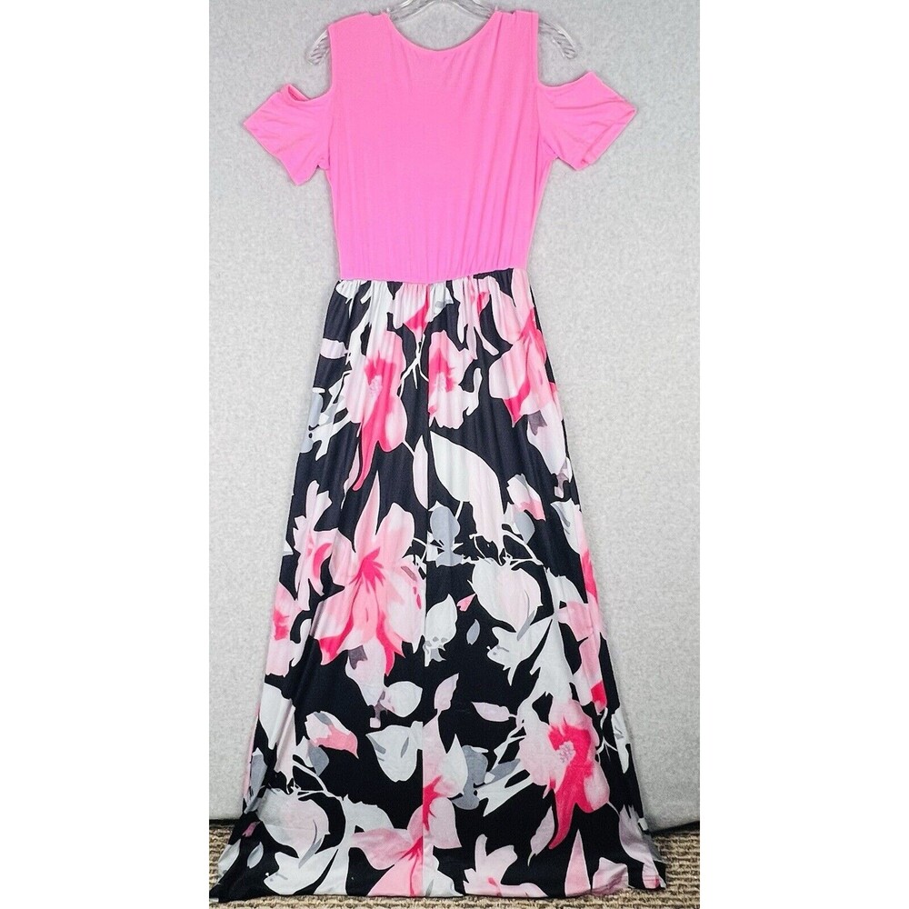Kancystore Maxi Dress Womens Small Pink Black Floral Cold Shoulder Boho Summer - Picture 3 of 15